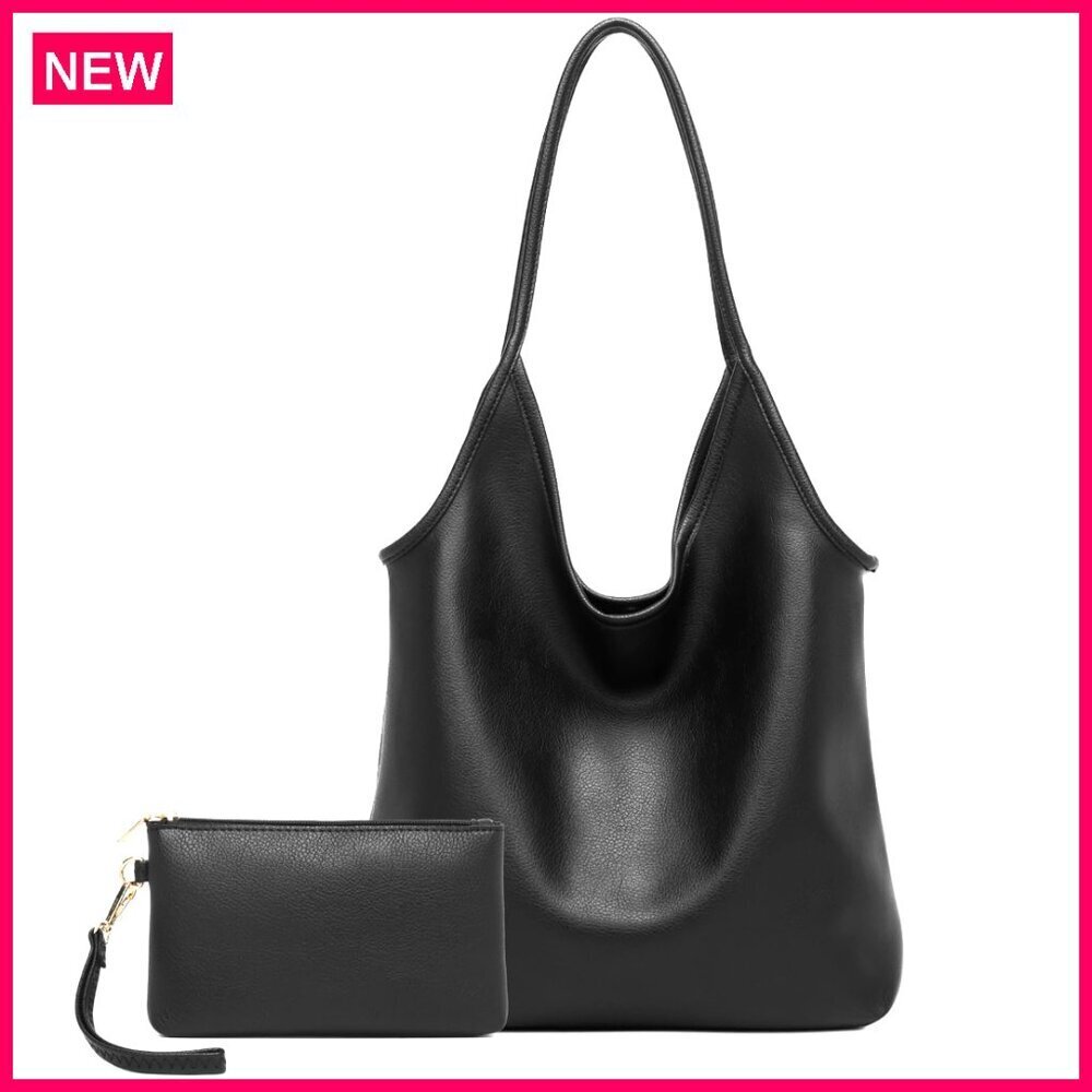 Large Vegan Leather Hobo Shoulder Bag with Cosmetic Pouch